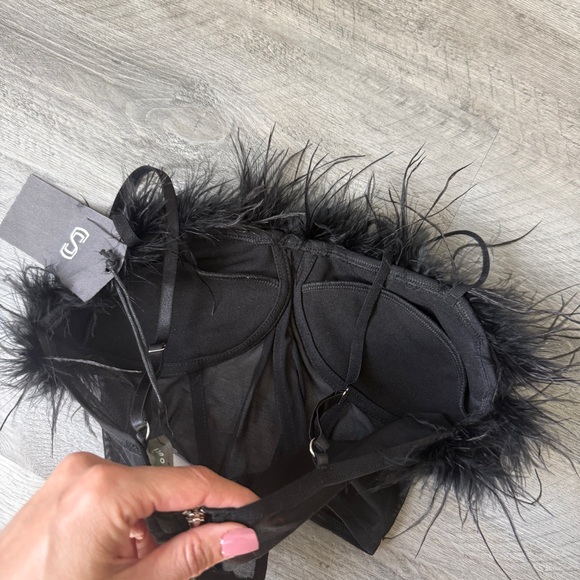 Sans Souci Faux Feather Mesh Bustier Black Small Stretch Adjustable - Picture 7 of 8